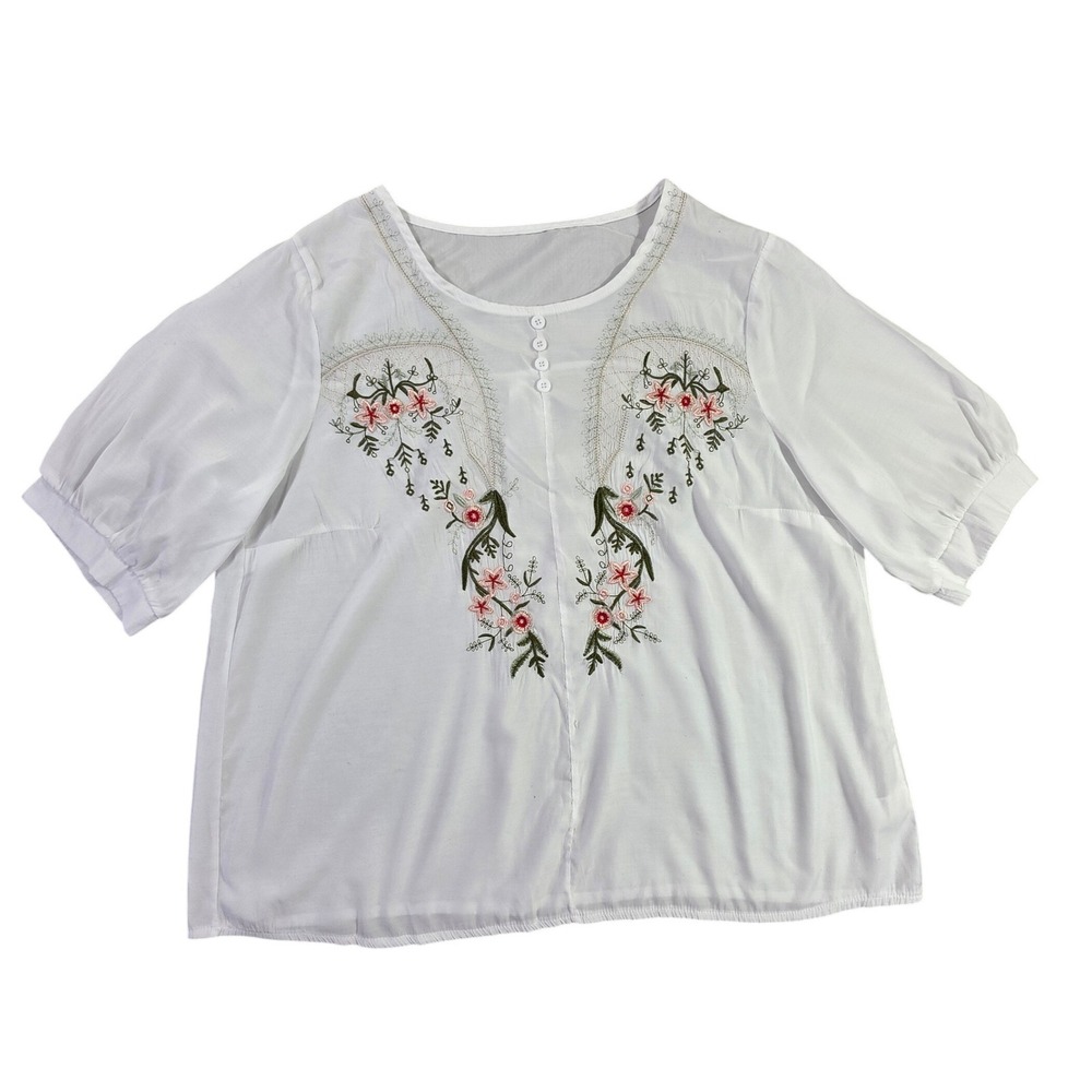 White Floral Embroidered Short Sleeve Gauze Blouse Plus Size 1XL Boho Top EUC